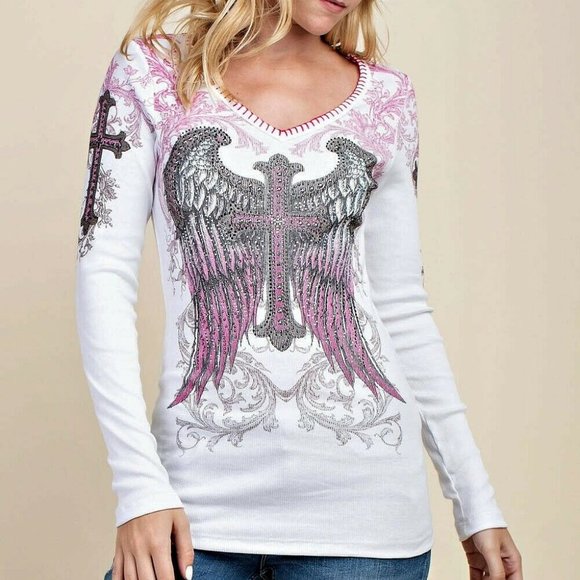 Vocal Tops - NWT VOCAL white L/S EMBELLISHED RIB THERMAL CROSS shirt embellished biker  SM-XL
